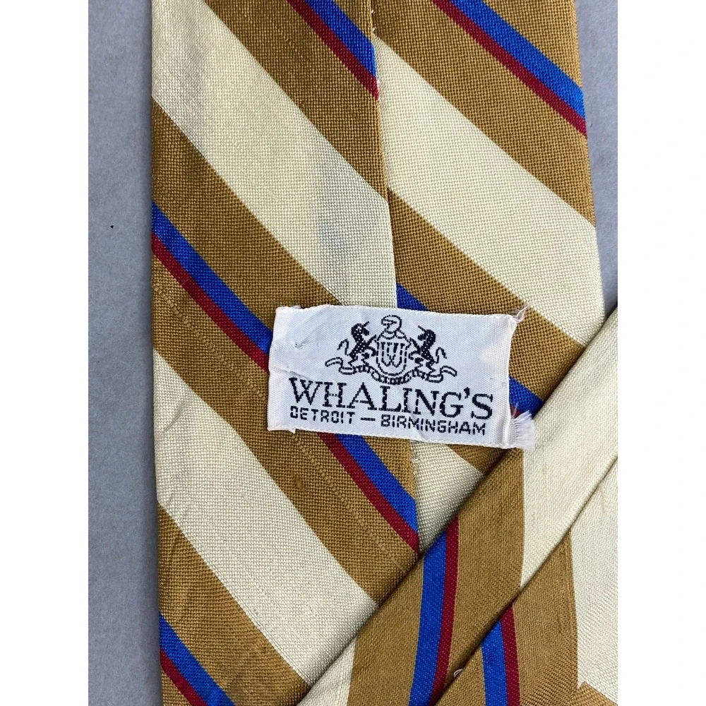 Whaling's Mens Silk Tie Gold Cream Blue Burgundy Striped Professional 57x4